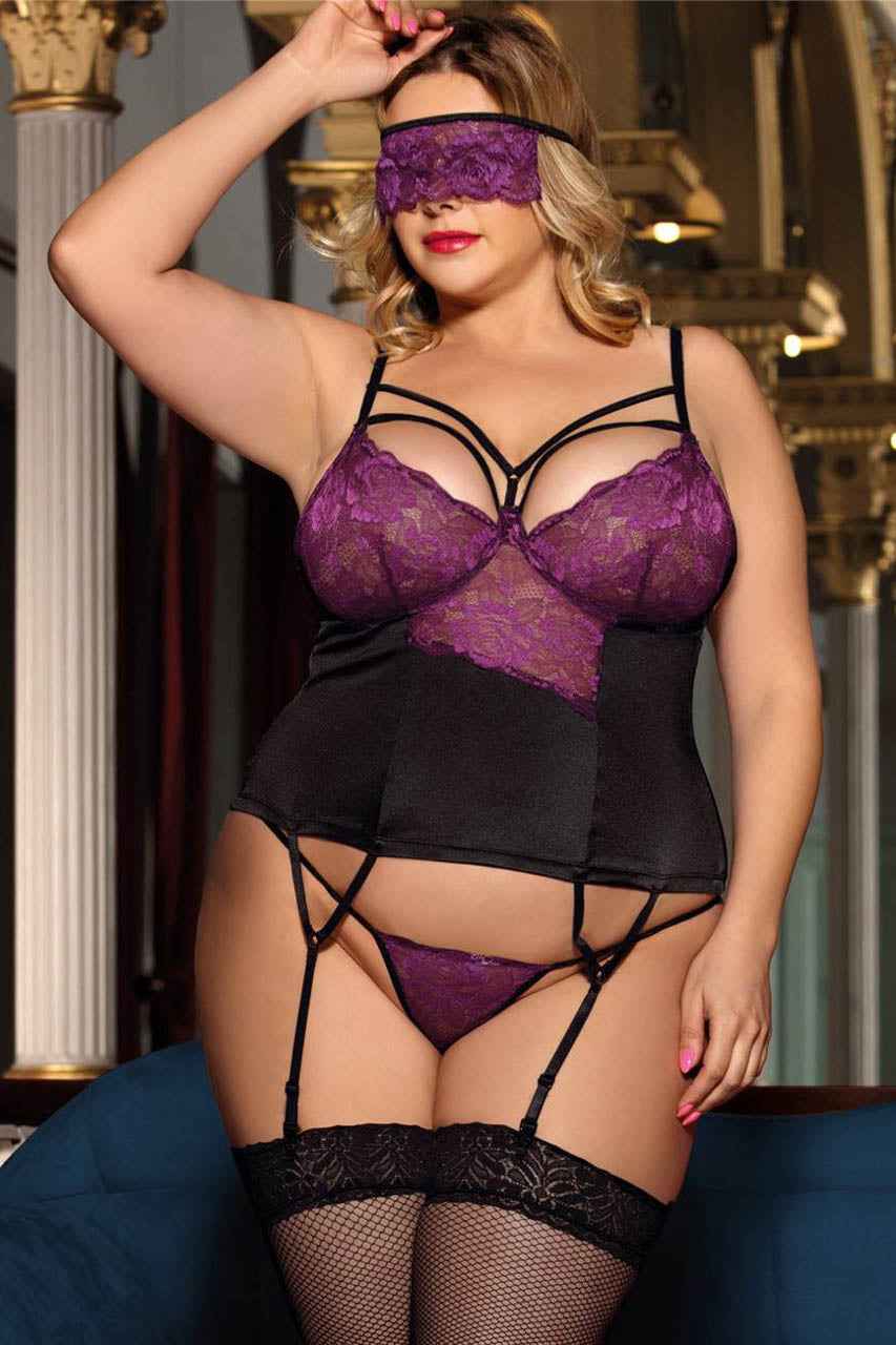 Plus Size Black and Purple Lace Bustier Set