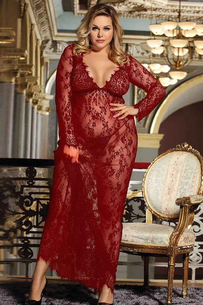 Plus Size Long Lace V Neck Gown