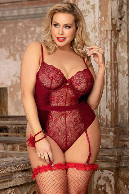 Plus Size Velvet and Lace Underwire Teddy