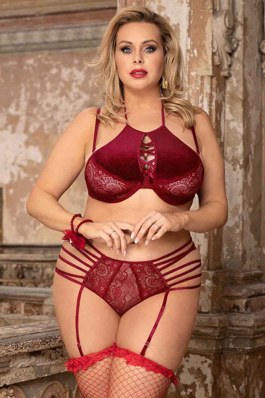 Plus Size Velvet and Lace Bra Set