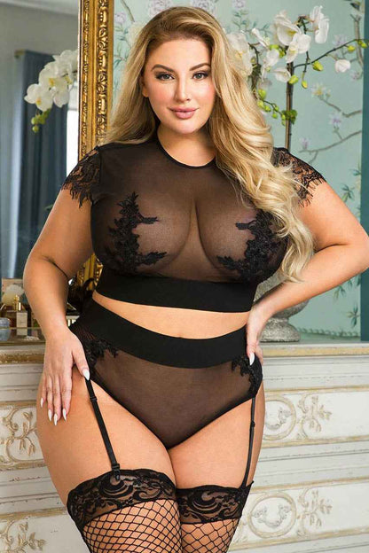 Plus Size Black Embroidered Bra Set