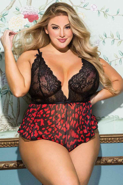 Plus Size Rose Mesh and Lace Teddy
