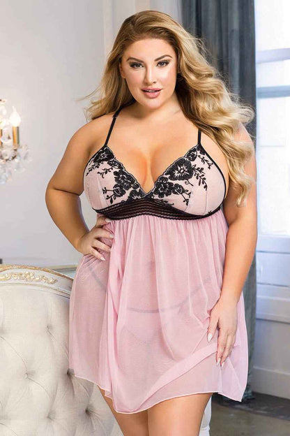 Plus Size Delicate Pink Mesh Babydoll