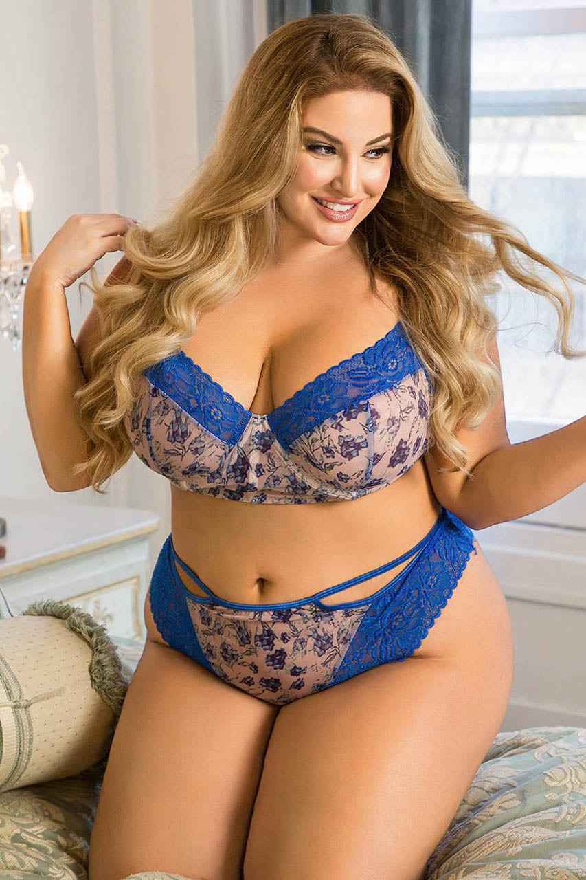 Plus Size Blue Bell Floral Mesh Bra Set