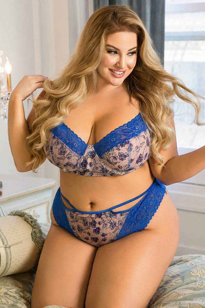 Plus Size Blue Bell Floral Mesh Bra Set