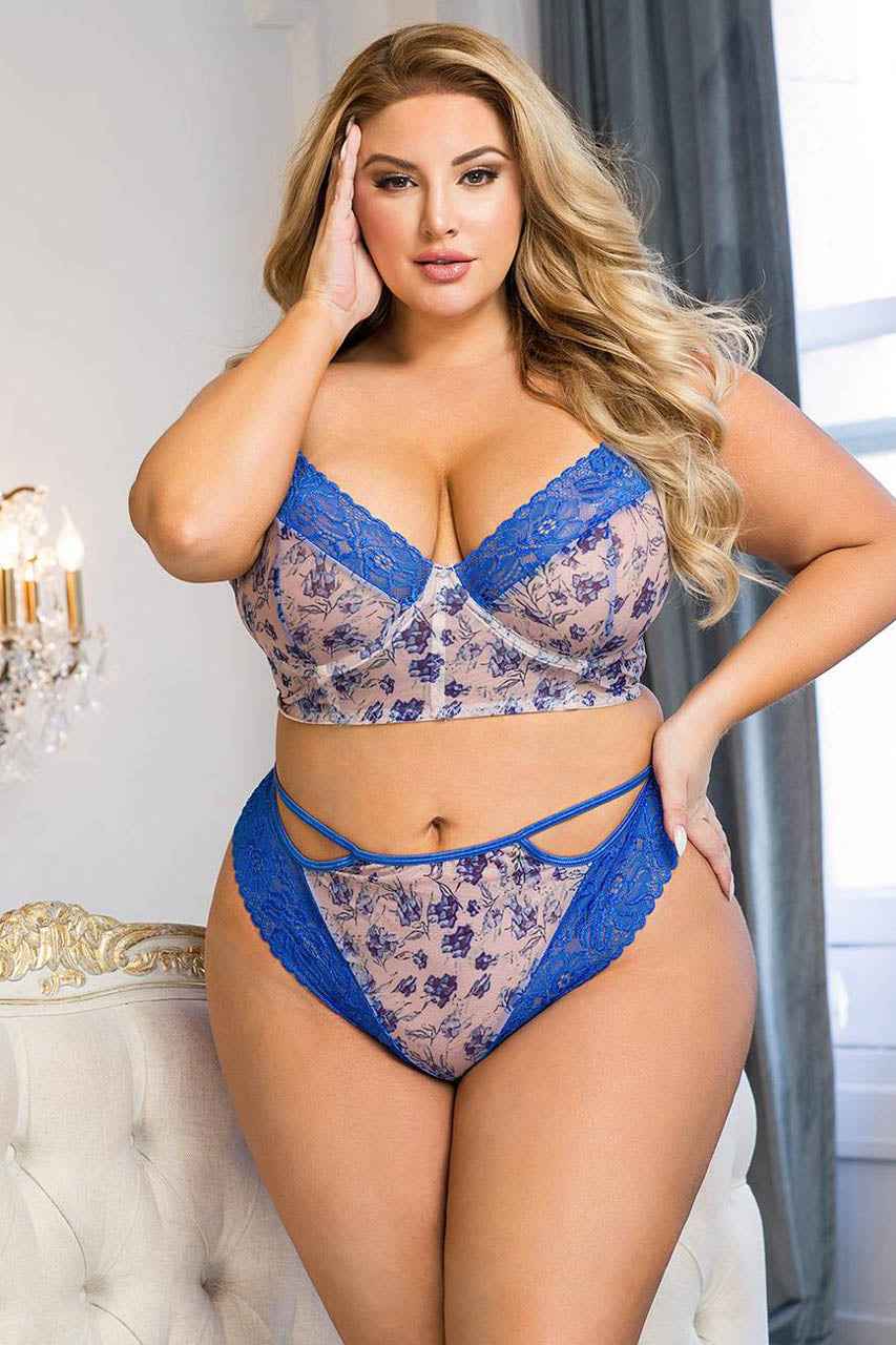 Plus Size Blue Bell Floral Mesh Bra Set