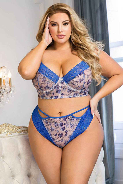 Plus Size Blue Bell Floral Mesh Bra Set