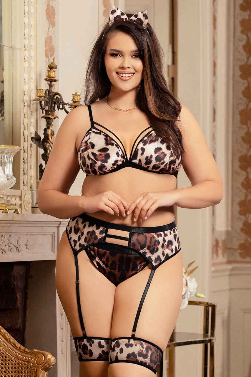Plus Size Fierce Leopard Mesh Bra Set