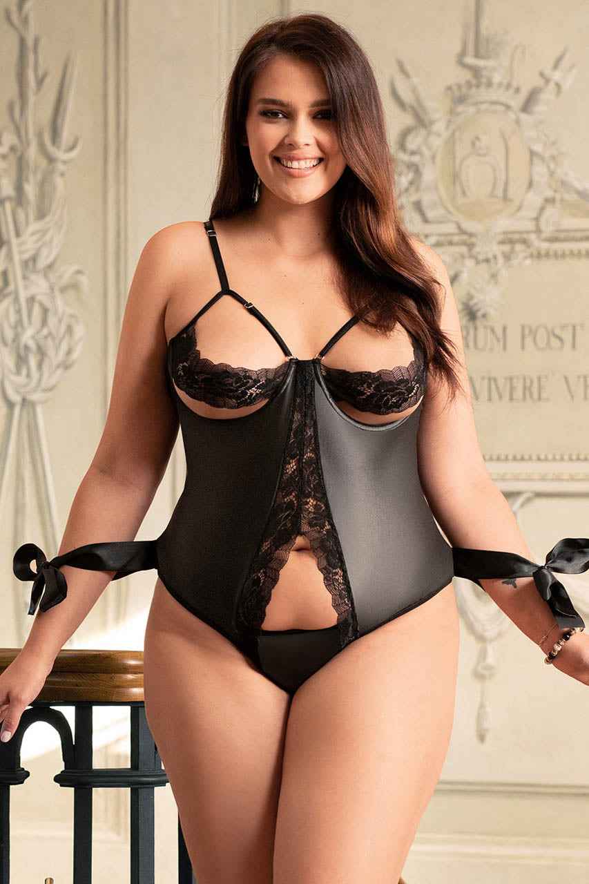 Plus Size Leather and Lace Open Cup Teddy