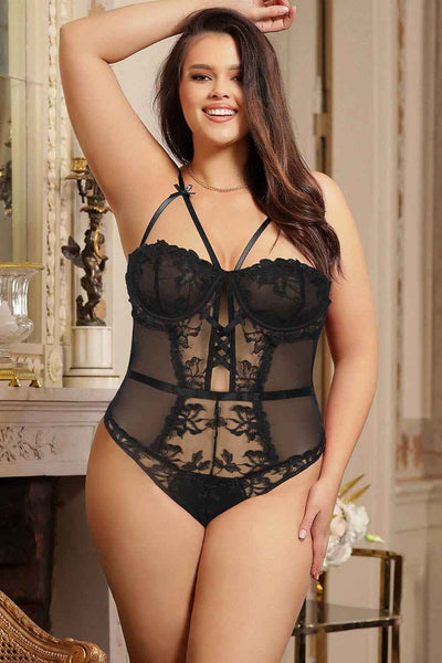 Plus Size Embroidered Floral Underwire Teddy