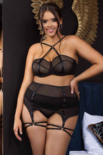 Plus Size Mesh Cage Bra and garter belt Set