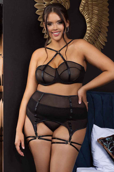 Plus Size Mesh Cage Bra and garter belt Set