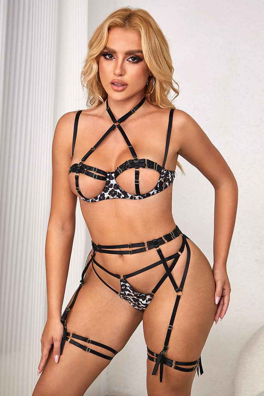 Plus Size Sexy Leopard Print Strappy Bra Set
