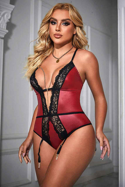 Plus Size Burgundy Faux Leather Teddy Lingerie