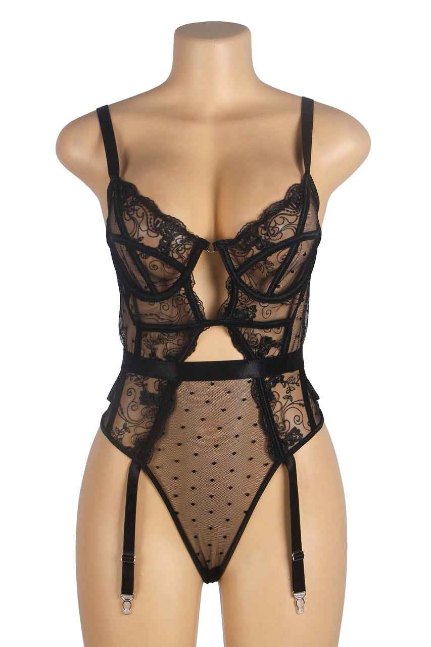 Embroidered Lace Hollow Cut Teddy Lingerie