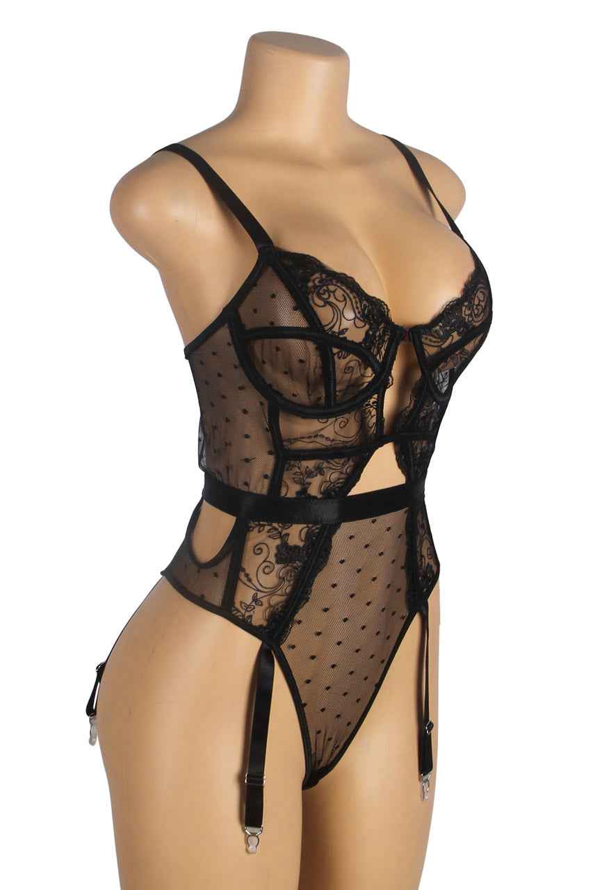 Embroidered Lace Hollow Cut Teddy Lingerie