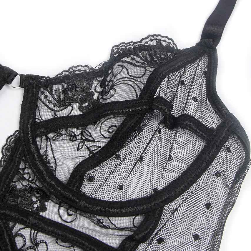 Embroidered Lace Hollow Cut Teddy Lingerie