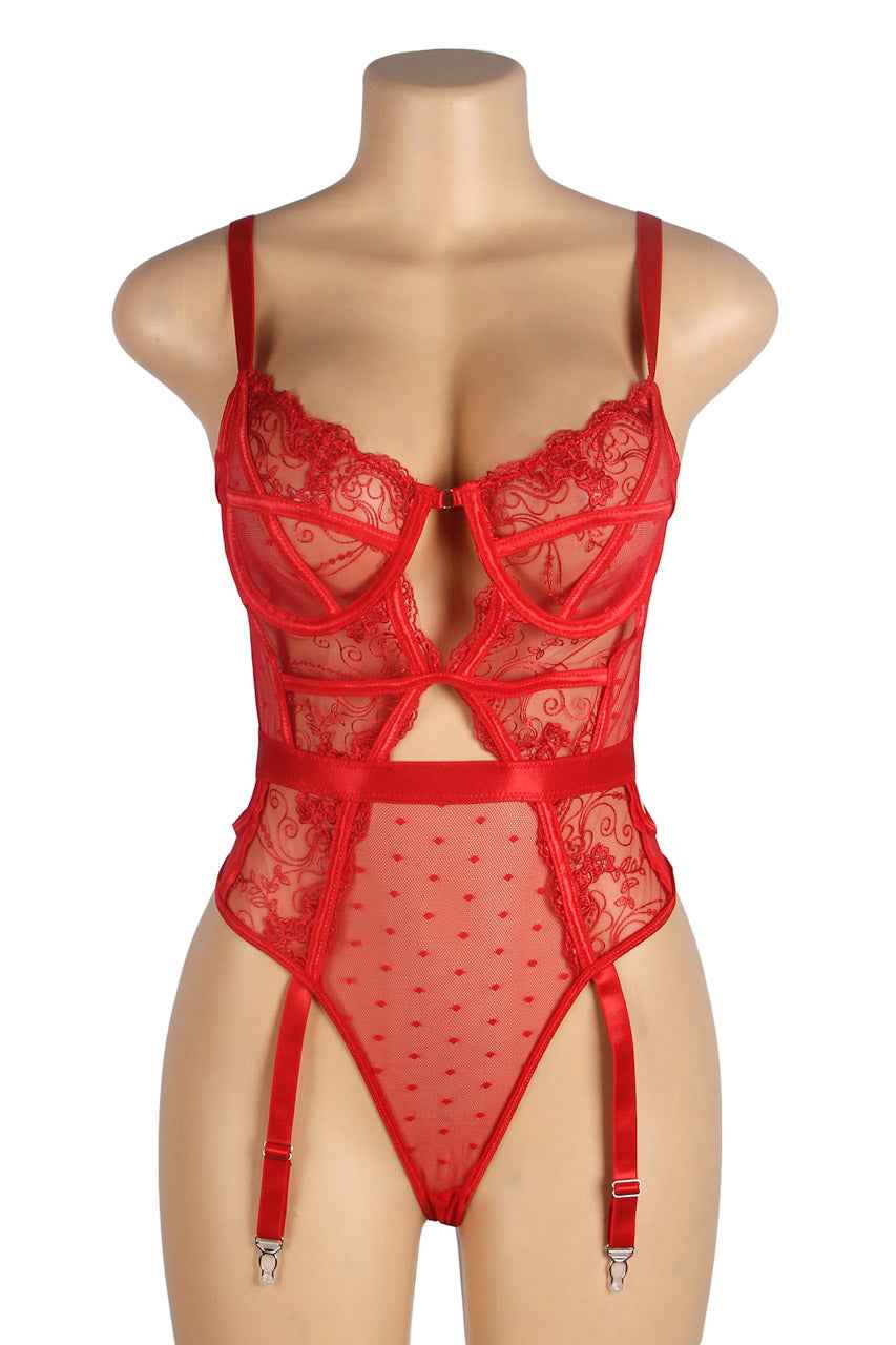 Embroidered Lace Hollow Cut Teddy Lingerie