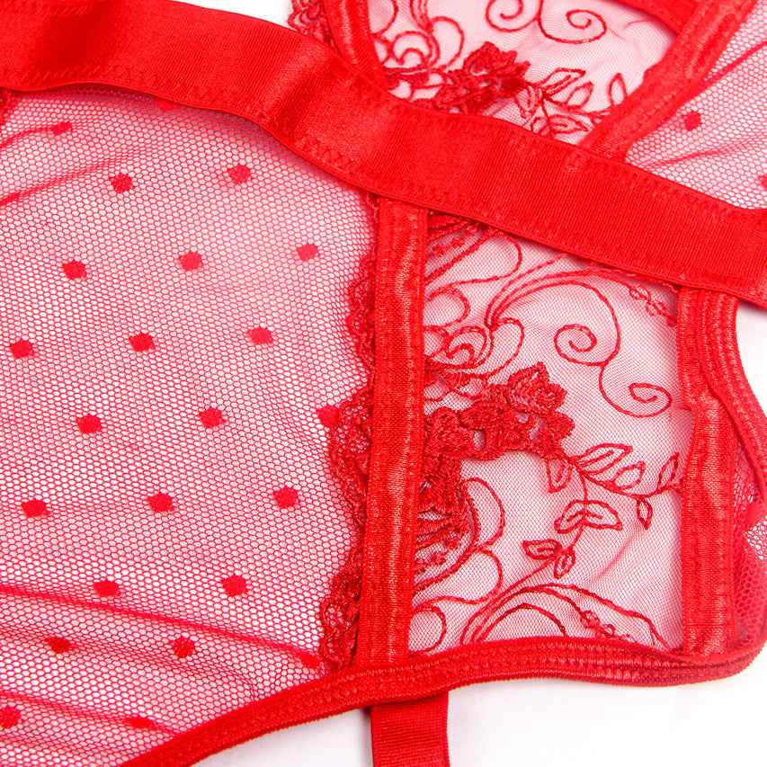 Embroidered Lace Hollow Cut Teddy Lingerie