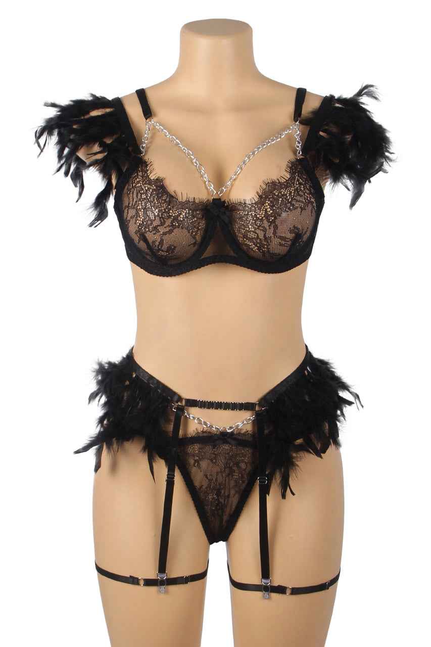 Feather Lace Chain Lingerie Bra Set