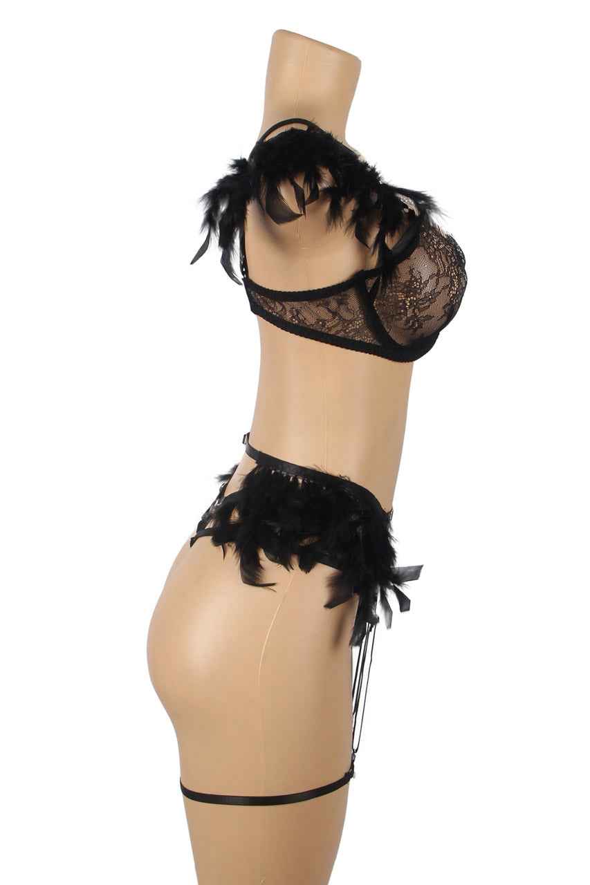 Feather Lace Chain Lingerie Bra Set
