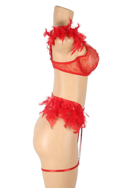 Feather Lace Chain Lingerie Bra Set