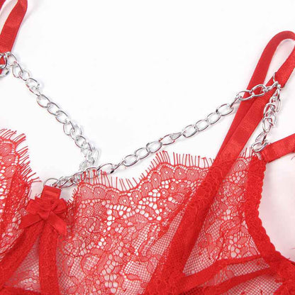 Feather Lace Chain Lingerie Bra Set