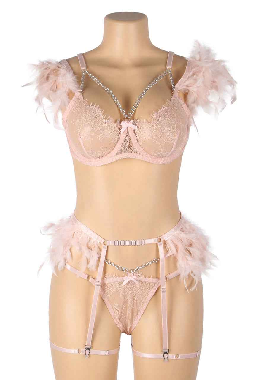 Feather Lace Chain Lingerie Bra Set