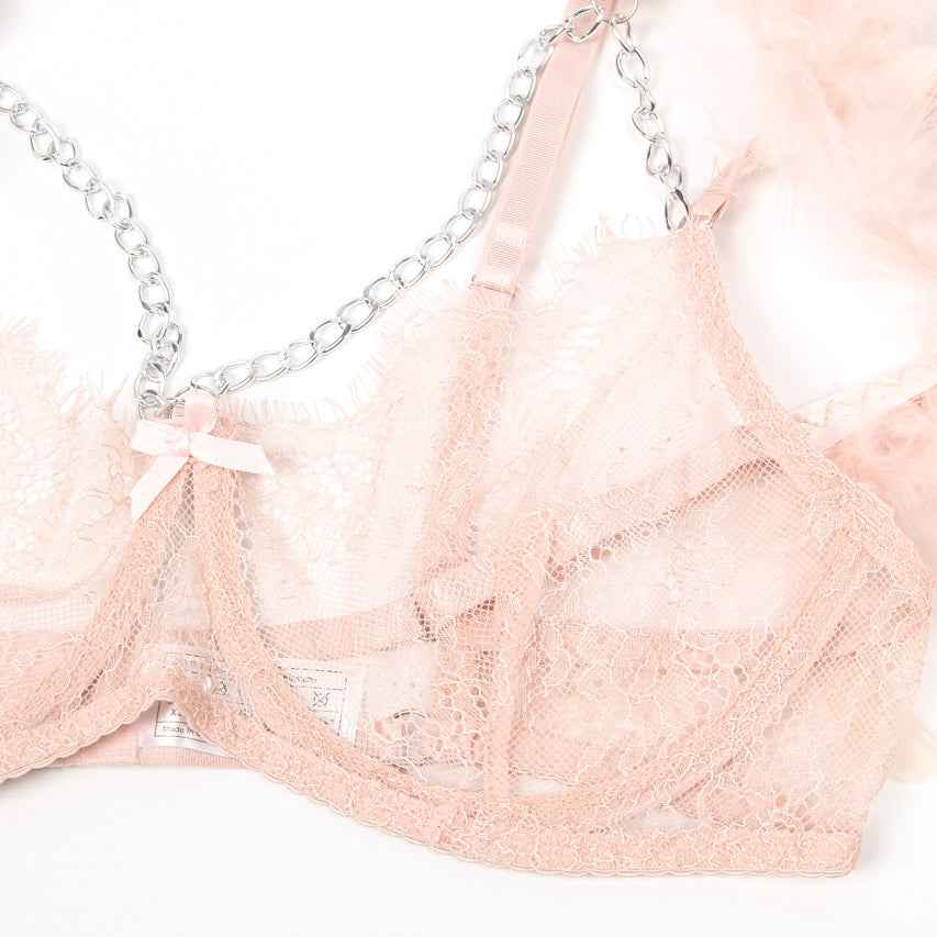 Feather Lace Chain Lingerie Bra Set