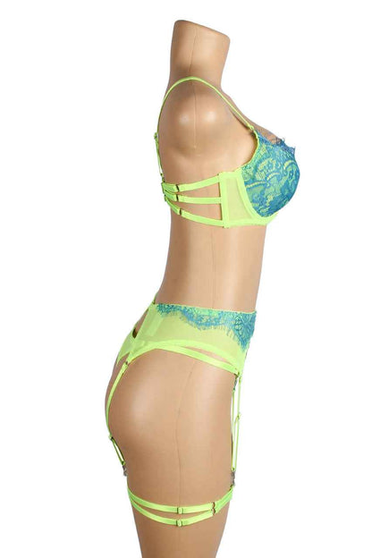 Neon Lace Bra and Garter Set
