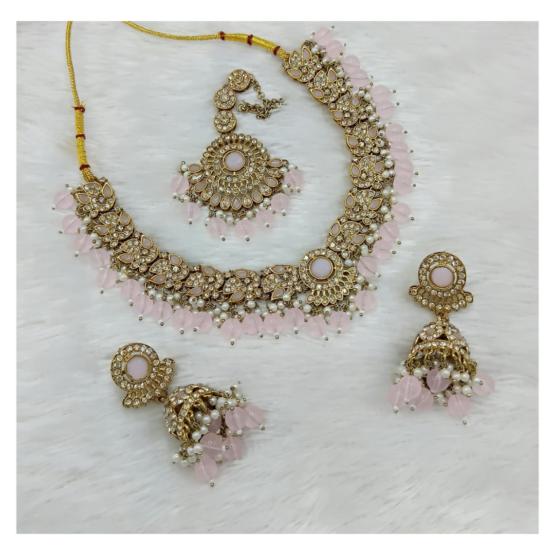 Joban Fashion Light Pink Stone Work Necklace Set