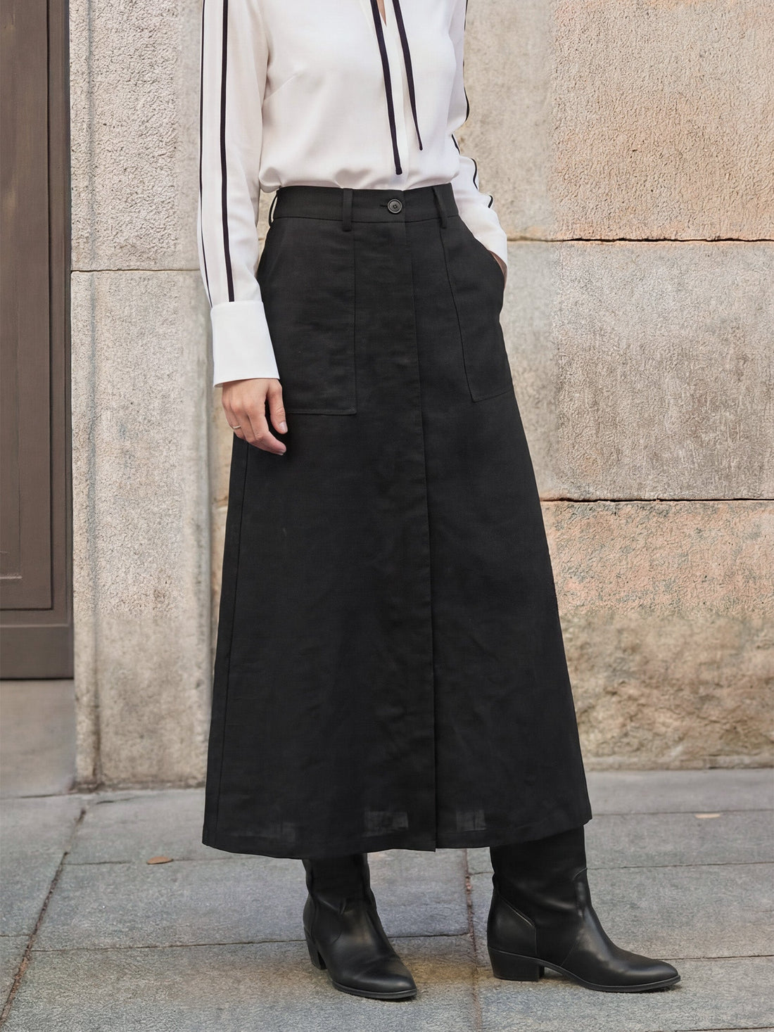 Linen-Lyocell Patch Pocket Placket Skirt LYRA by LINTICO