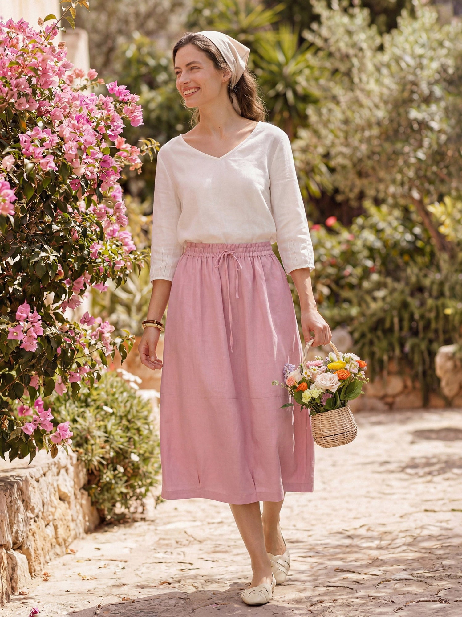 100% Linen Drawstring Lantern Maxi Skirt with Pockets ROXANNE by LINTICO