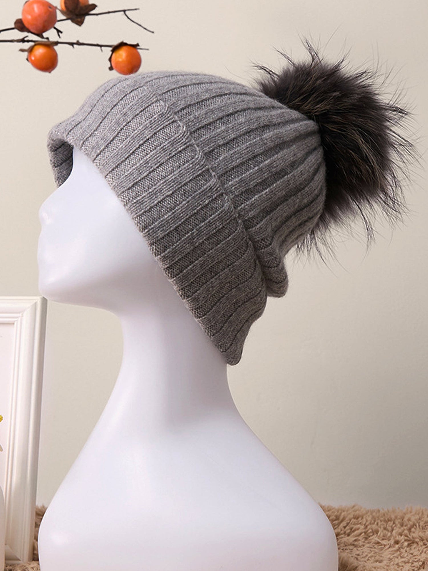 100% Cashmere Rib-Knit Slouchy Beanie With Pom-Pom by LINTICO