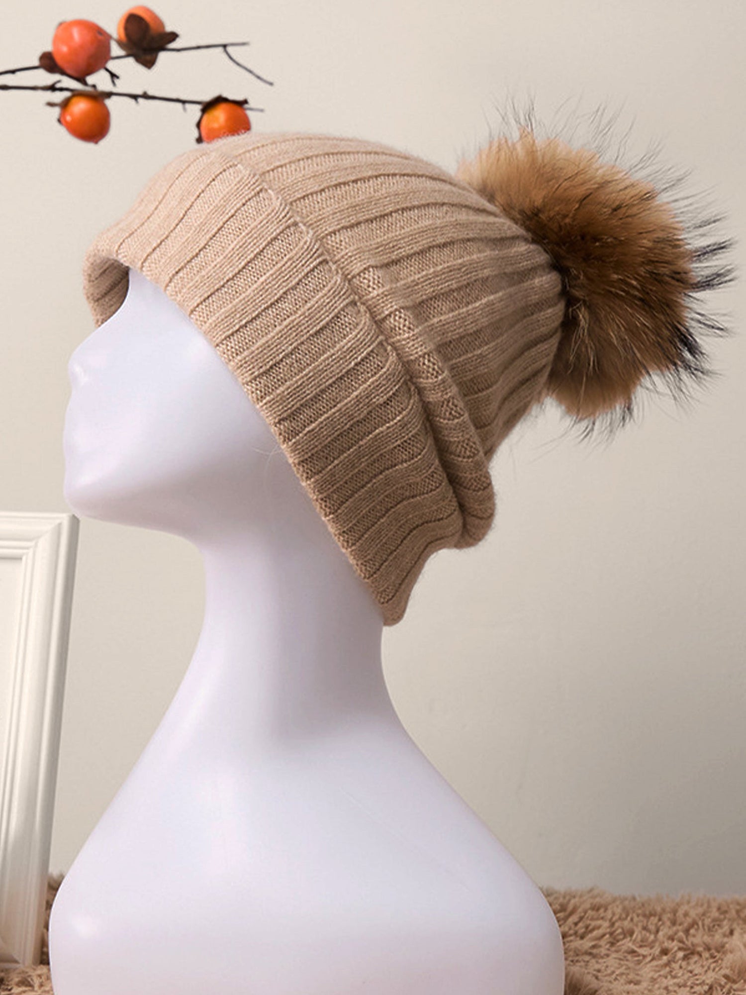 100% Cashmere Rib-Knit Slouchy Beanie With Pom-Pom by LINTICO