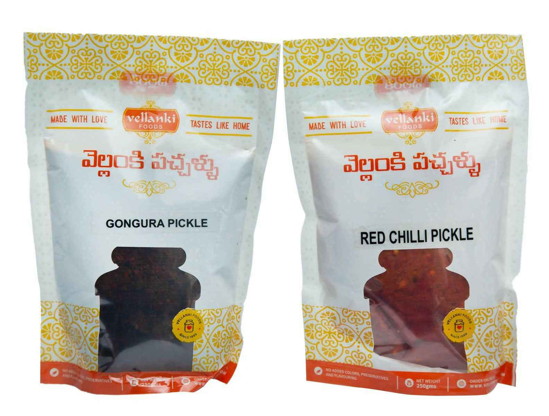 Vellanki Foods - Red Chilli Pickle, Gongura Pickle Combo Pack (Each 250gm)