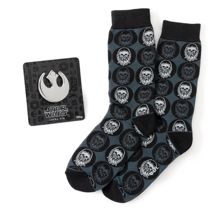 Star Wars Chewbacca Black Dress Socks and Rebel Alliance Starbird Crest Lapel Pin Gift Set by Cufflinks.com