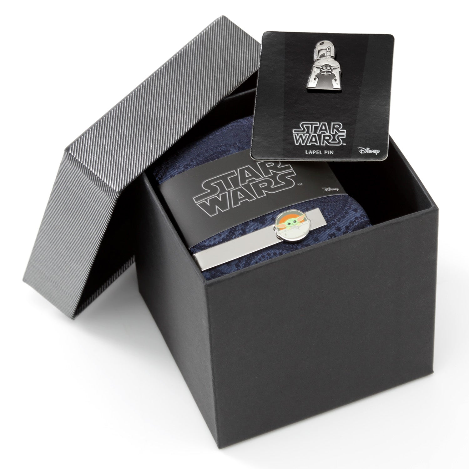 Star Wars Mandalorian and Grogu Navy Paisley Tie, Grogu Tie Bar, and Lapel Pin Gift Set
