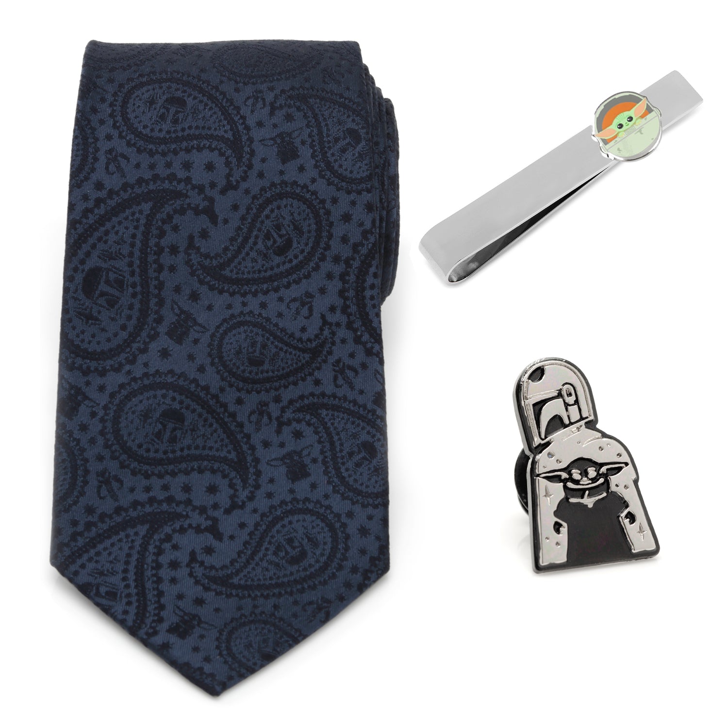 Star Wars Mandalorian and Grogu Navy Paisley Tie, Grogu Tie Bar, and Lapel Pin Gift Set