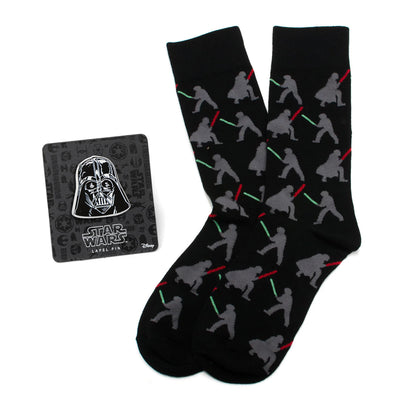 Star Wars Darth Vader and Luke Skywalker LIGHTSABER Battle Black Dress Socks and Darth Vader Lapel Pin Gift Set 