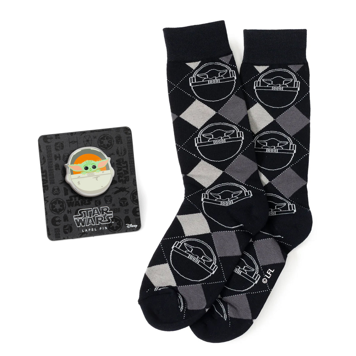 Star Wars Grogu Charcoal Gray Argyle Socks and Lapel Pin Gift Set by Cufflinks.com