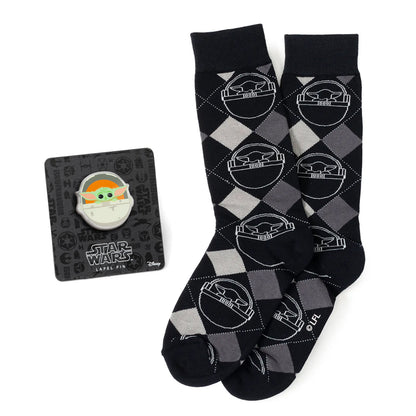 Star Wars Grogu Charcoal Gray Argyle Socks and Lapel Pin Gift Set by Cufflinks.com