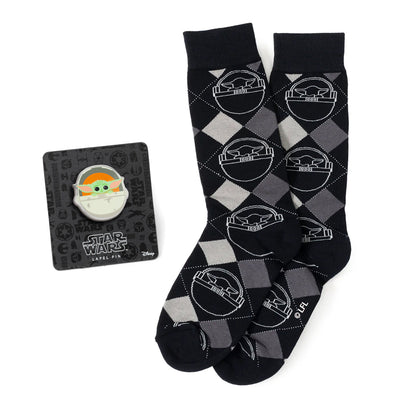 Star Wars Grogu Charcoal Gray Argyle Socks and Lapel Pin Gift Set 