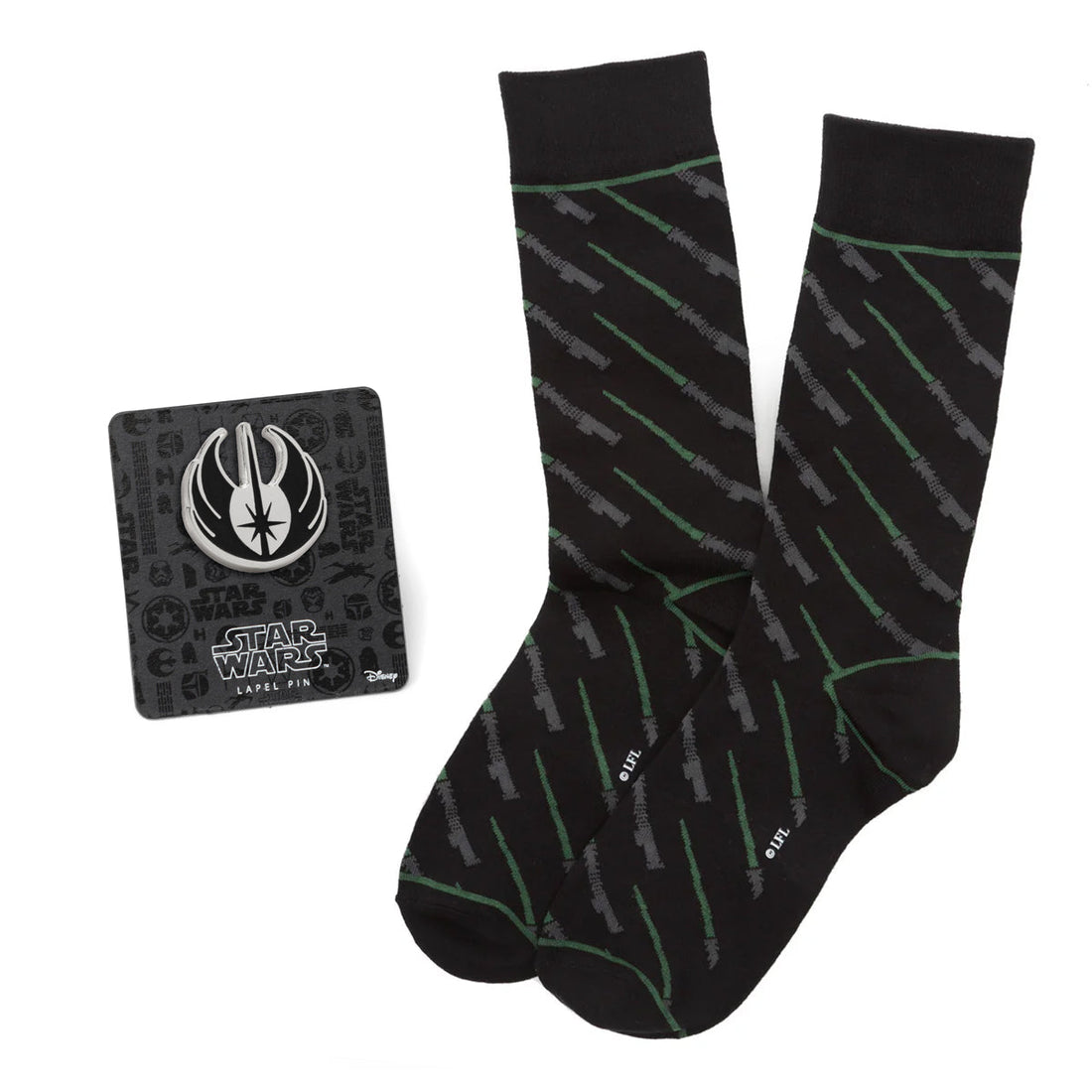 Star Wars Green LIGHTSABER Dress Socks with Jedi Crest Lapel Pin Gift Set