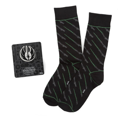 Star Wars Green LIGHTSABER Dress Socks with Jedi Crest Lapel Pin Gift Set