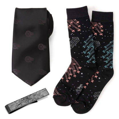 Star Wars Millennium Falcon Black Tie, X-Wing and Tie Fighter Battle Dress Socks, and Hyperspace Glow-in-the-Dark Tie Bar Gift Set