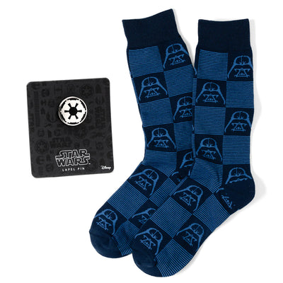 Star Wars Darth Vader Navy and Black Checkered Socks with Imperial Crest Lapel Pin Gift Set 