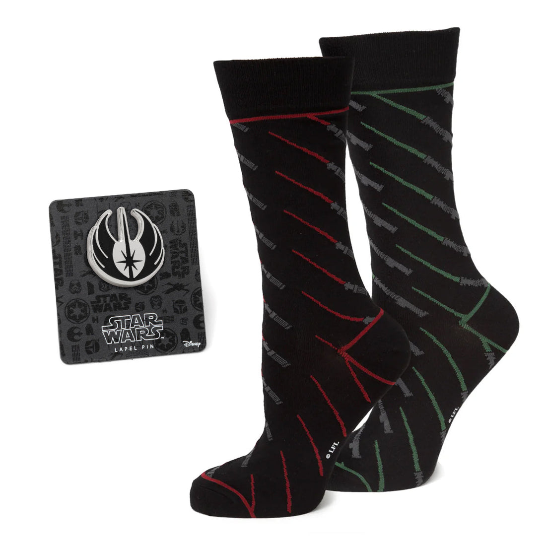 Star Wars Green and Red LIGHTSABER Pattern Black Dress Socks with Jedi Crest Lapel Pin Gift Set  DestGlow