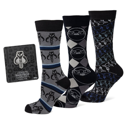 Star Wars Mandalorian 3-Pack Dress Sock and Mythosaur Lapel Pin Gift Set by Cufflinks.com