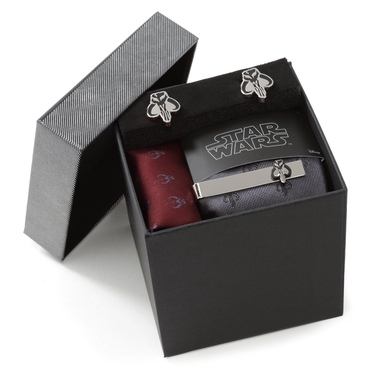 Star Wars Mandalorian Mythosaur Gray Tie, Red Pocket Square, Cufflinks, and Tie Bar Gift Set